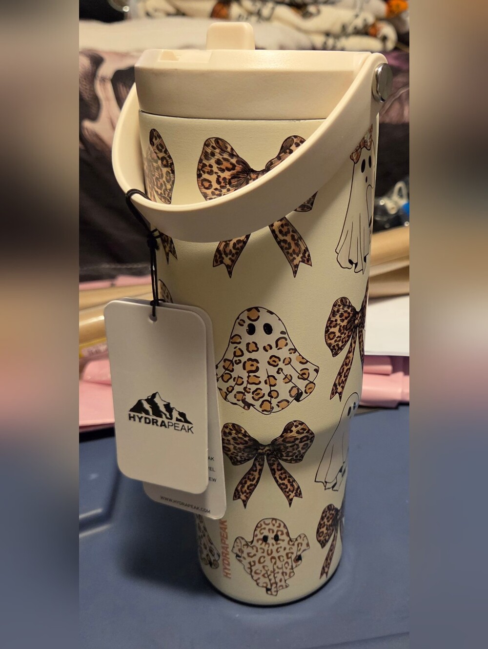 Cream Leopard Ghost Bow Insulated Water Bottle